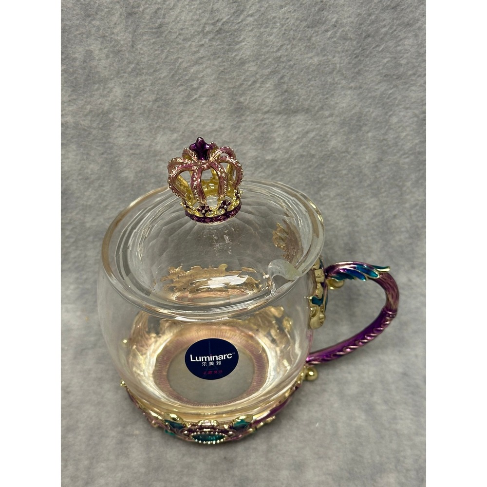 Luminarc Glass Tea Mug Cup Purple Gold Crown Lid Ornate Cup - Picture 7 of 9